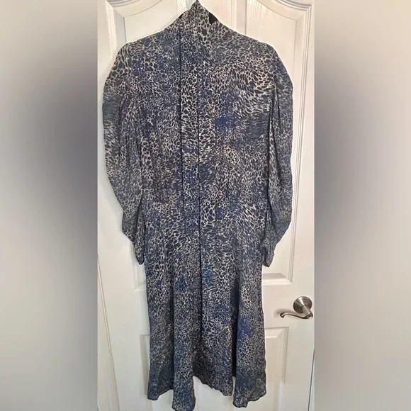 🖤”Kobi Halperin” 100% SILK Blue/Black/Cream Animal Print Bishop Sleeve Dress - Picture 7 of 13